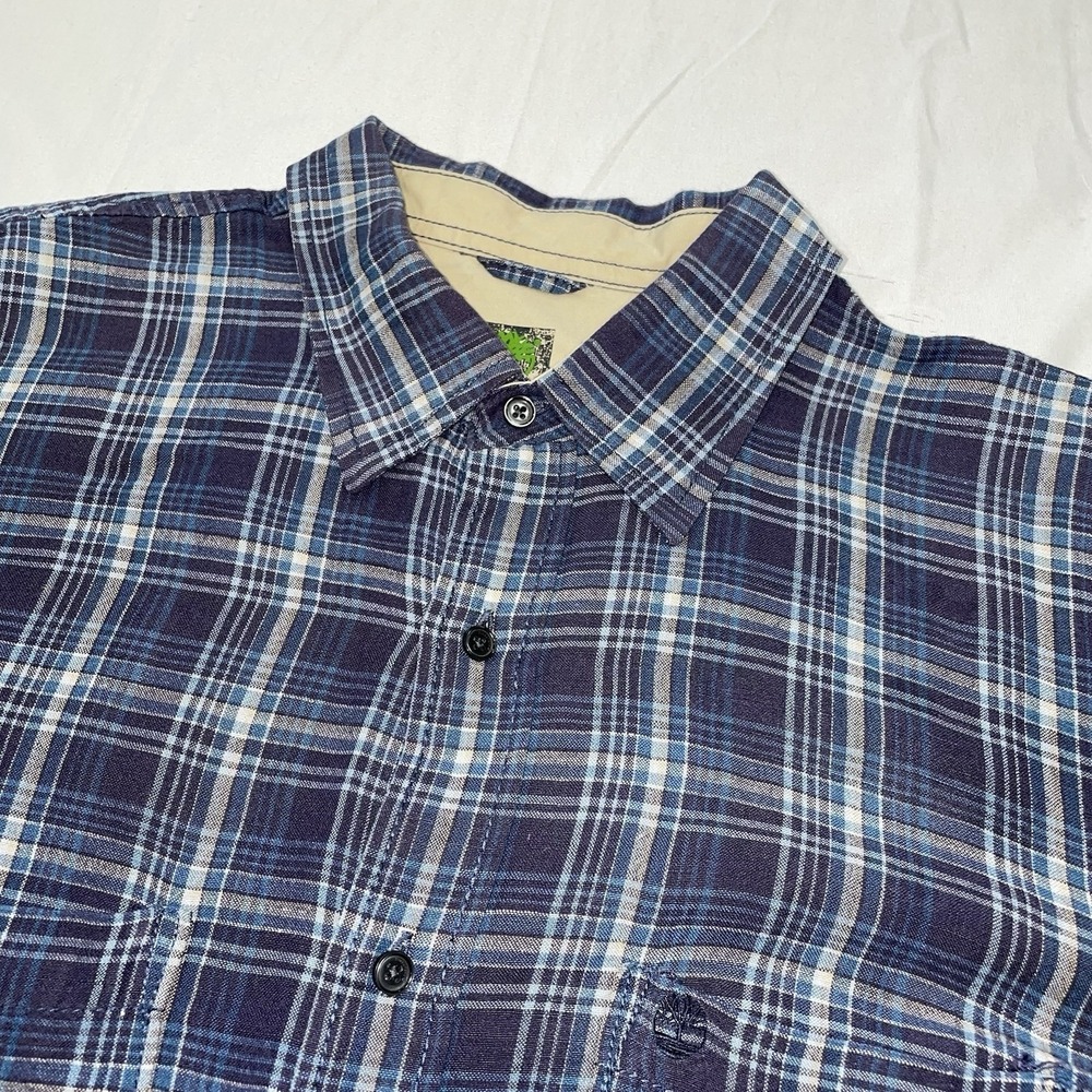 Vintage Timberland Button Up Shirt Men's Size Large Blue Plaid Y2K Pocket Logo